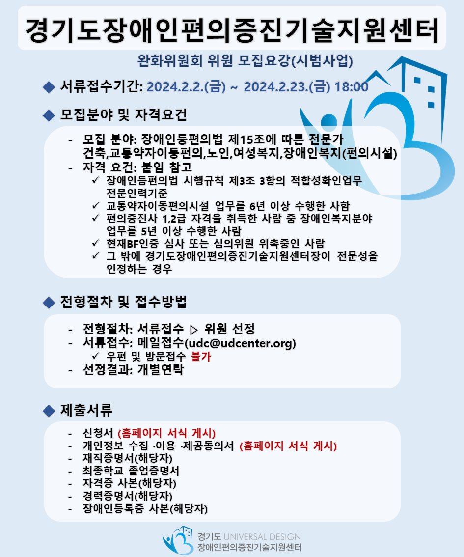 udc7721's tweet photo. 장애인·노인·임산부 등의 편의증진 보장에 관한 법률 제15조 적용의 완화위원회 위원 모집공고(접수기간 연장)
https://t.co/eodd1VLnq6 https://t.co/mQpJqGy5Iu