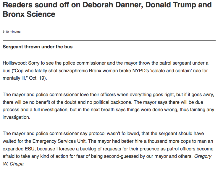 AshAgony's tweet image. Former NYPD Lt Gregory Chupa loves racist police violence so much that he even once wrote to the NY Daily News to defend the cop who killed 66-year-old #DeborahDanner in her Bronx home on October 2016. nydailynews.com/2016/10/21/rea…