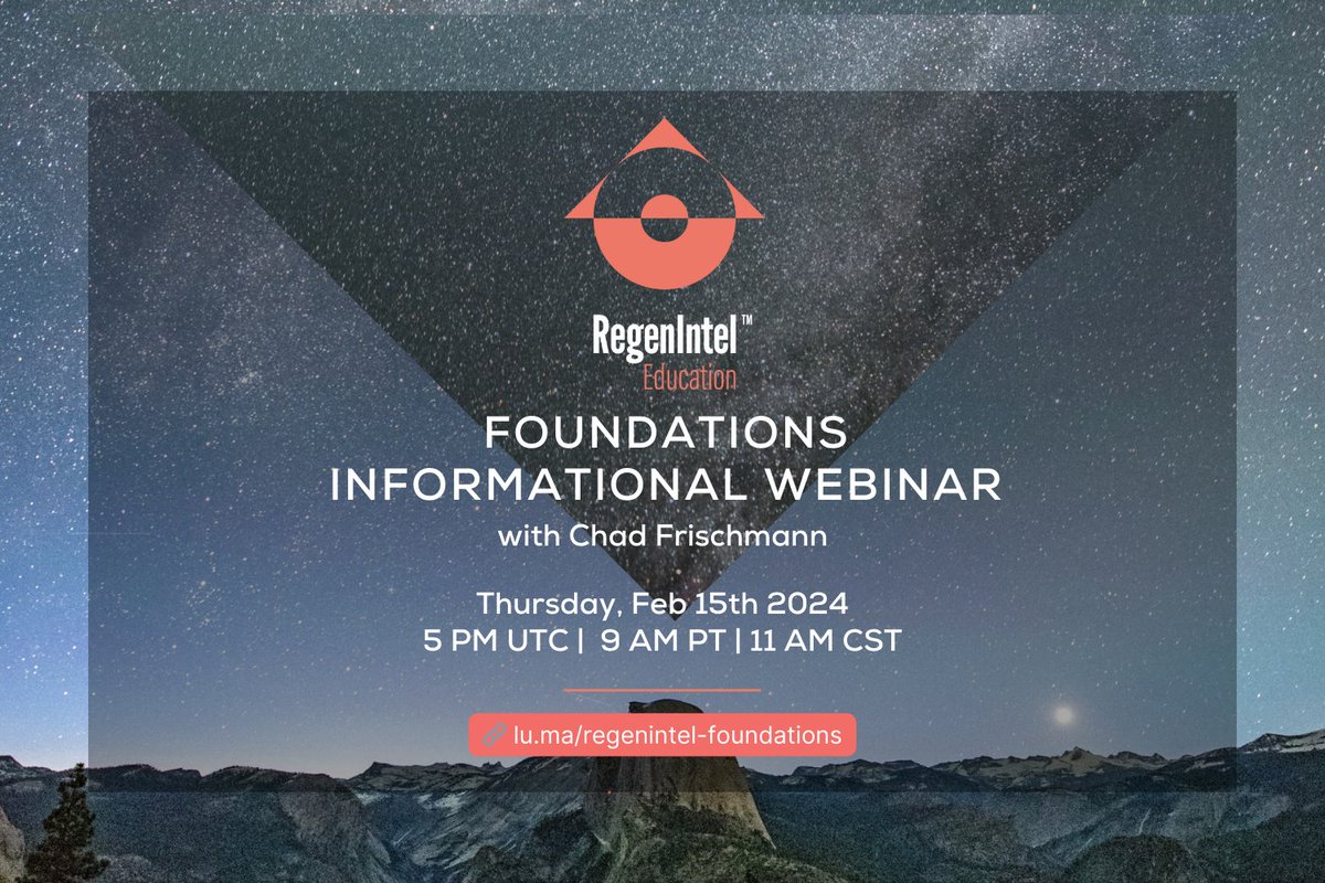 Thinking of signing up for the RegenIntel Foundations Course but still have many questions? This is the event for you. 👇 Prepare all your doubts and join the 1-hour informational webinar with @ChadFrischmann on Thursday, February 15th at 5 PM UTC. 🔗 lu.ma/1jrjyeji