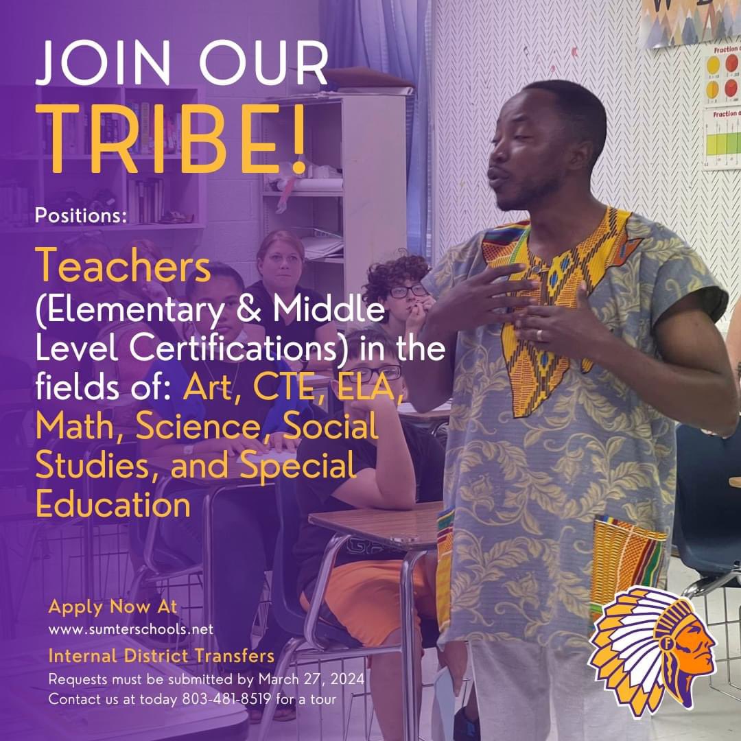 Join our Tribe!

We are #FurmanStrong!

Apply today at sumterschools.net 

#WhyFurman? #WhyNotFurman? #FurmanStrong