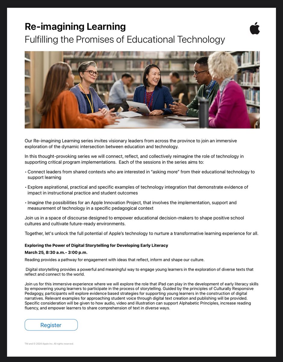 If you are in the #GTA 🇨🇦 check out <a href="/AppleEDU/">Apple Education</a>’s Reimagining Learning Series!

Register for #DigitalStorytelling for #EarlyLiteracy here:

bit.ly/3OGjkS8

#AppleDistinguishedSchools #ADE2023 #APLS #AppleTeacher