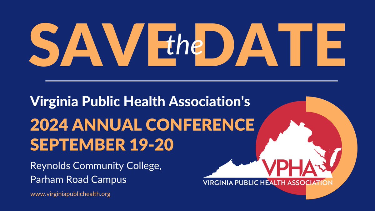 📅Mark your calendars for the 2024 #VPHAConference! 
Join #publichealth professionals and students from across Virginia on September 19-20 at Reynolds Community College. 
Can't wait to see you there!