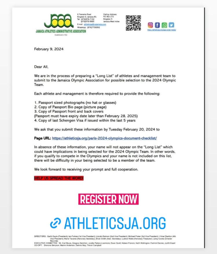 dpos_smith's tweet photo. I hope all Jamaican athletes are aware of this requirement this Olympic cycle. Please retweet and share with your contacts so that all athletes are aware and are not left off the "long list". https://t.co/ASKLBzPKox