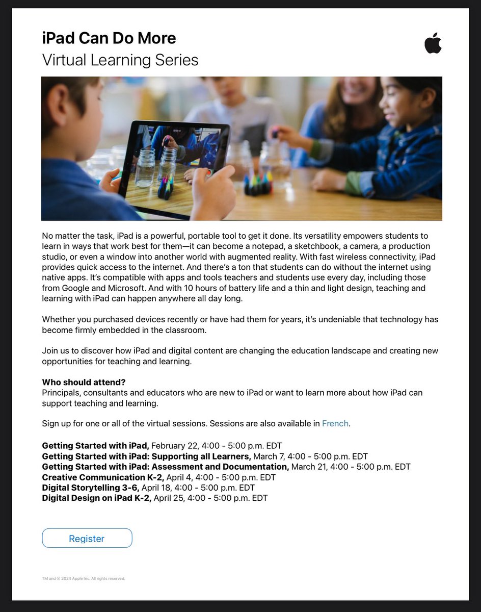 🇨🇦 Educators check out <a href="/AppleEDU/">Apple Education</a>’s online offerings in English &amp; French #iPadCanDoMore 📱

Register here: bit.ly/3UKRfwC

#AppleDistinguishedSchools #ADE2023 #AppleTeacher #APLS