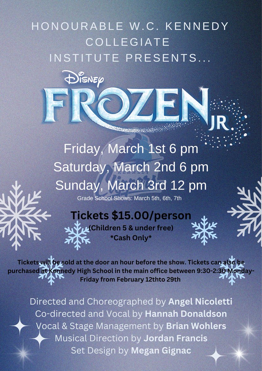 Kennedy Collegiate Institute is proud to present Frozen Jr! Get ready to bundle up with family and friends on March 1st, 2nd &amp; 3rd in the Kennedy Auditorium. These tickets are worth melting for ❄️💙