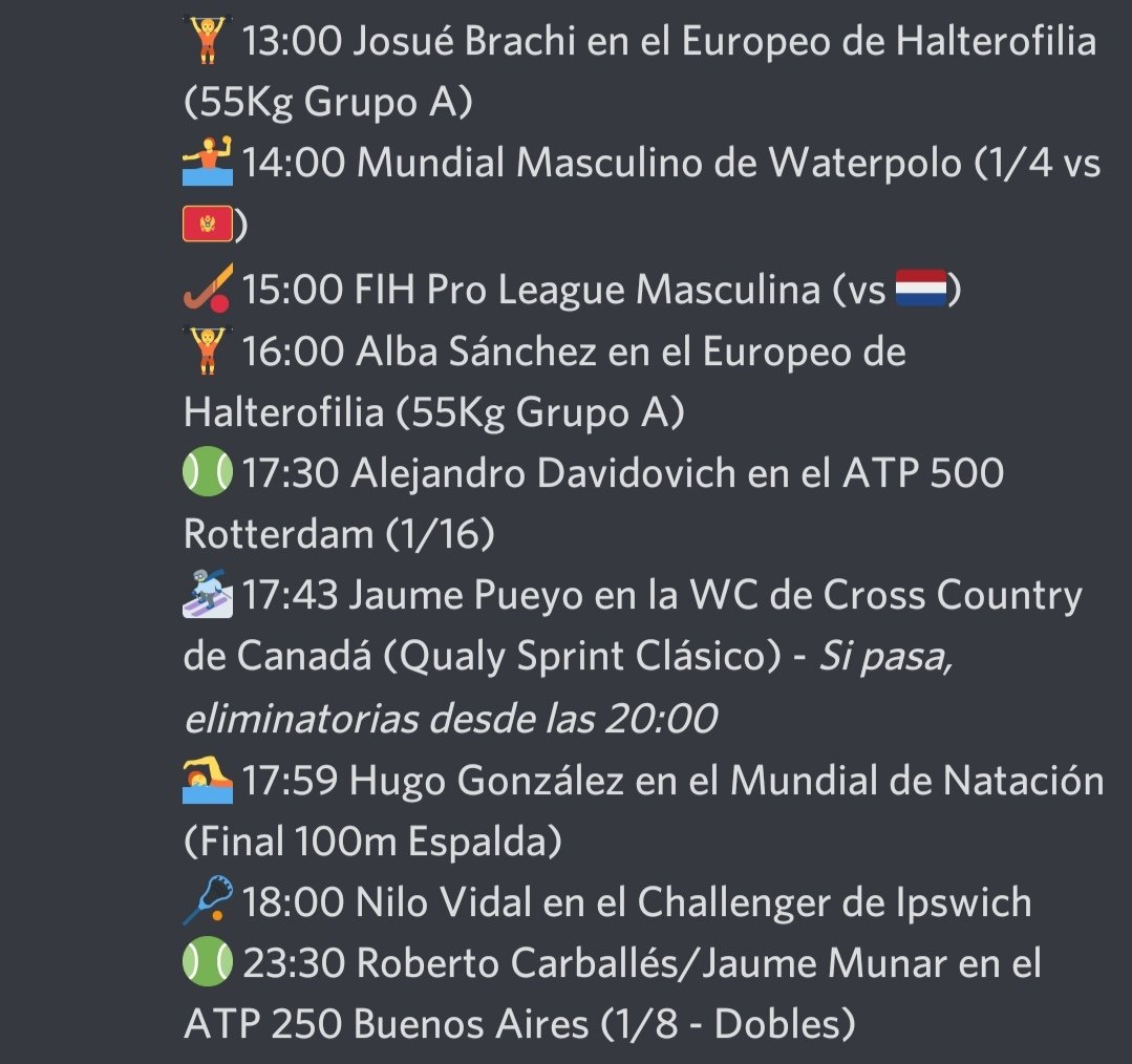 #HorarioDiario: 13/02/2024

- #MundialDeportesAcuáticos 🤽🏊
- #EuropeoHalterofilia 🏋🏻
- #FIHProLeague 🏑
- #WCCrossCountry ⛷️

Fabuloso martes deportivo tenemos por delante 👇🏻
