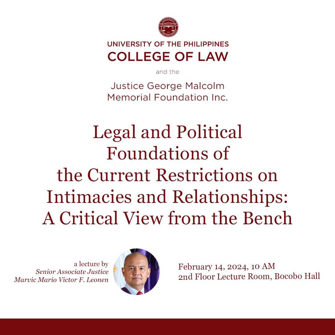 SCPh_PIO's tweet photo. HAPPENING TOMORROW: A lecture on "Legal and Political Foundations of the Current Restrictions on Intimacies and Relationships: A Critical View from the Bench” by Supreme Court Senior Associate Justice Marvic Mario Victor F. Leonen, at 10AM, 2nd Floor Lecture Room, Bocobo Hall. https://t.co/MgS9cJmUt7