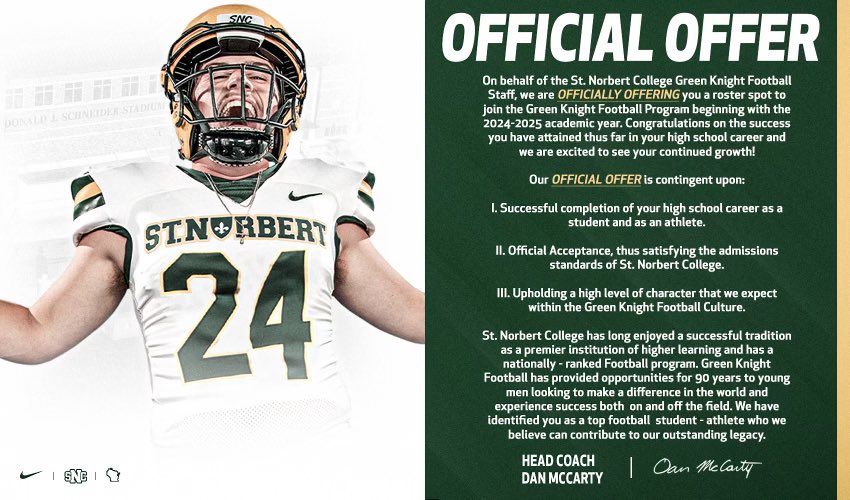 Thank You @CoachDanMcCarty for the hospitality this past weekend! After my visit and a great conversation with @CharlieDrewek I am grateful to announce an offer to continue to play football at @SNCfootball!! @ACPFootball17 @VaughtCoach @JRutt_4 @CoachBlueford @CodyTCameron