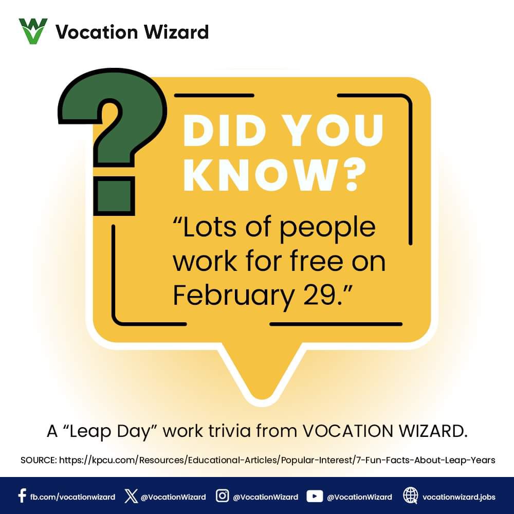 Apparently, most employees who are paid fixed monthly incomes work for free on February 29 because their wages are likely not calculated to include the extra day.🤷🏻‍♀️ TRIVIA SOURCE: kpcu.com/Resources/Educ… #ThursdayTrivia #LeapDay #LeapYear