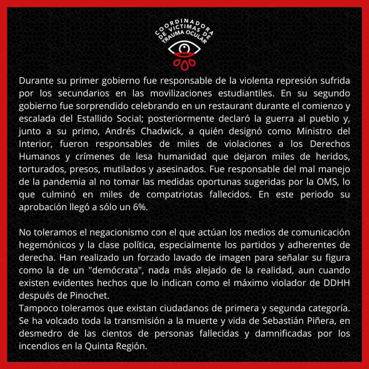 MegafonoPopular's tweet photo. Comunicado de Coordinadora de Víctimas de @traumaocular 
"No toleramos el negacionismo con el que actúan los medios de comunicación hegemónicos y la clase política...Sebastián Piñera fue un criminal, estafador, ladrón, asesino y dictador escogido en democracia" https://t.co/uYpWNIlhPG