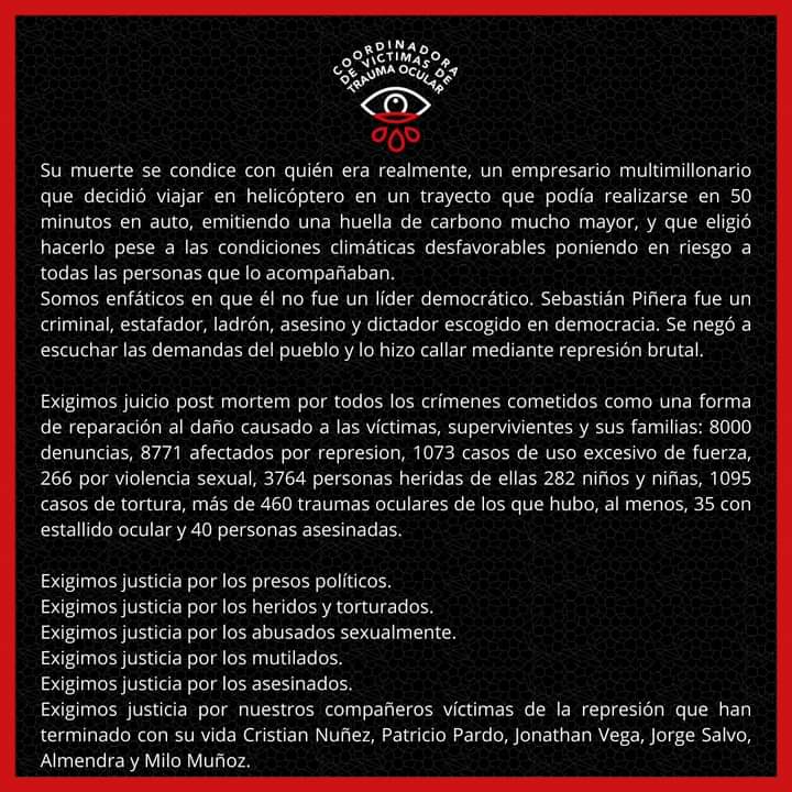 MegafonoPopular's tweet photo. Comunicado de Coordinadora de Víctimas de @traumaocular 
"No toleramos el negacionismo con el que actúan los medios de comunicación hegemónicos y la clase política...Sebastián Piñera fue un criminal, estafador, ladrón, asesino y dictador escogido en democracia" https://t.co/uYpWNIlhPG
