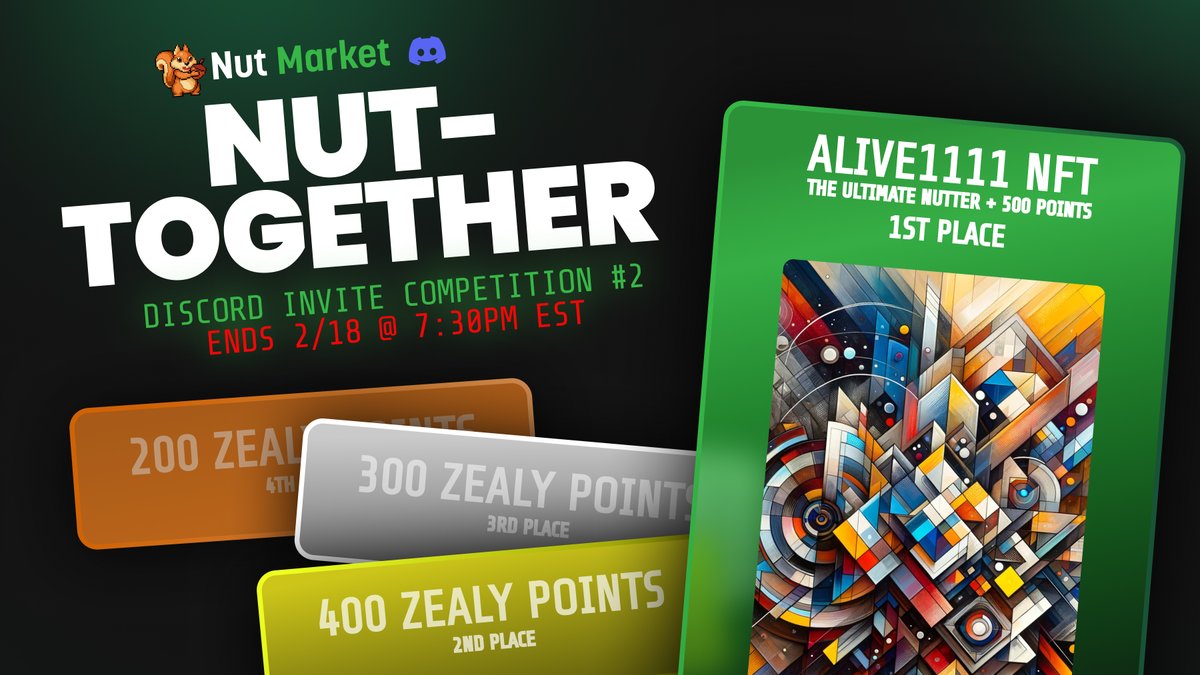 We are back at it again!

NUT-Together Invite Challenge #2 🏆 

Most invites to Discord wins an alive1111 ($400 value)  

discord.gg/nutmarket