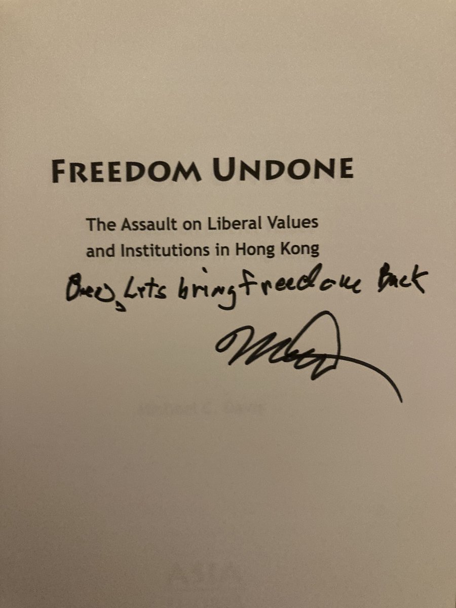 I love <a href="/profmikedavis/">Michael C. Davis</a>' inscription in the copy of his book which he gave me.

"Ben, let's bring freedom back"

My response:

"Michael, I agree 100% and I am trying my best. Let's all redouble and renew and persist in our efforts to do this - in #HongKong and around the world."