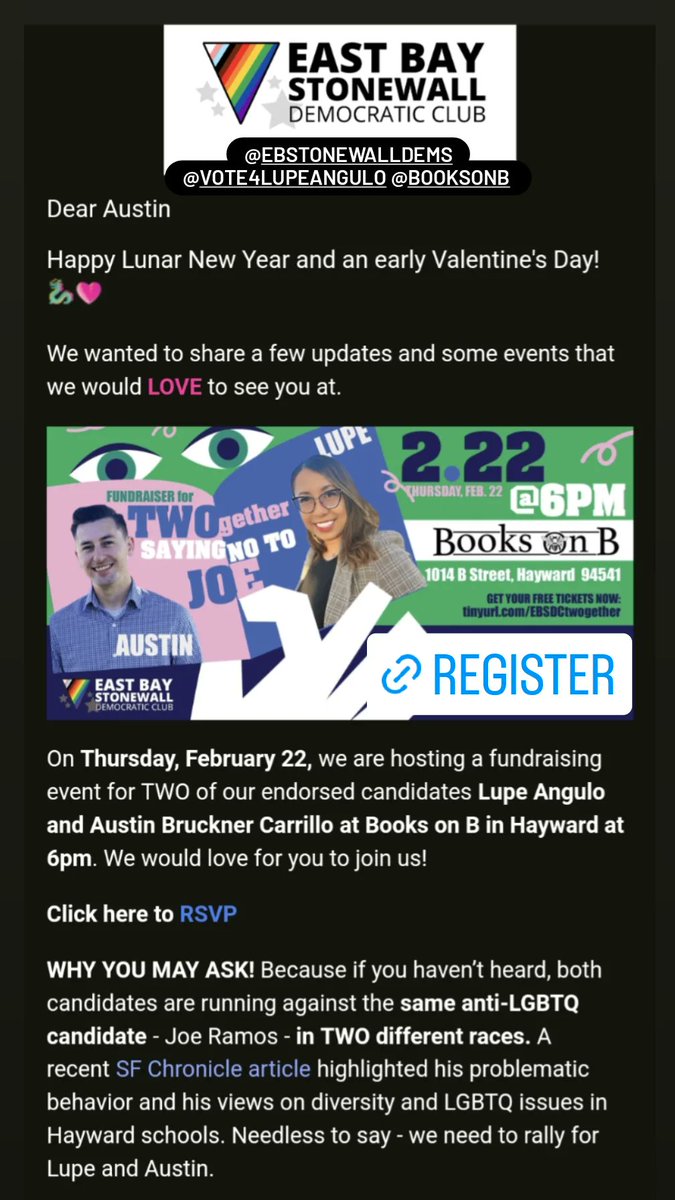 <a href="/EBStonewallDems/">East Bay Stonewall Democratic Club</a> <a href="/lupeinthestack/">Lupe Angulo</a> and <a href="/BooksOnB/">Books on B</a> 

Register at: linktr.ee/abc4husd