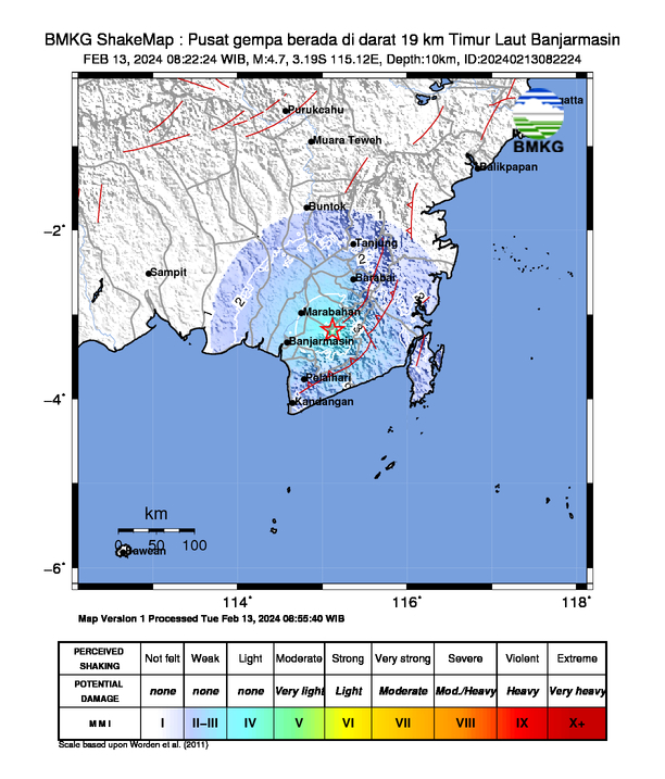 #Gempa (UPDATE) Mag:4.7, 13-Feb-24 08:22:24 WIB, Lok:3.19 LS, 115.12 BT (Pusat gempa berada di darat 19 km Timur Laut Banjarmasin), Kedlmn:10 Km Dirasakan (MMI) II-III Banjarmasin, II-III Kota Marabahan, II-III Pulau Pisau, II-III Palangkaraya, II-III Sampit #BMKG