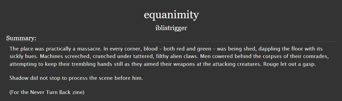 here is my finished piece for the <a href="/neverturnback05/">Never Turn Back Zine ◈ A ShtH fanzine</a> zine!! i got to explore the pure dark (hero) ending which is one of my personal favourites :)
archiveofourown.org/works/53674405