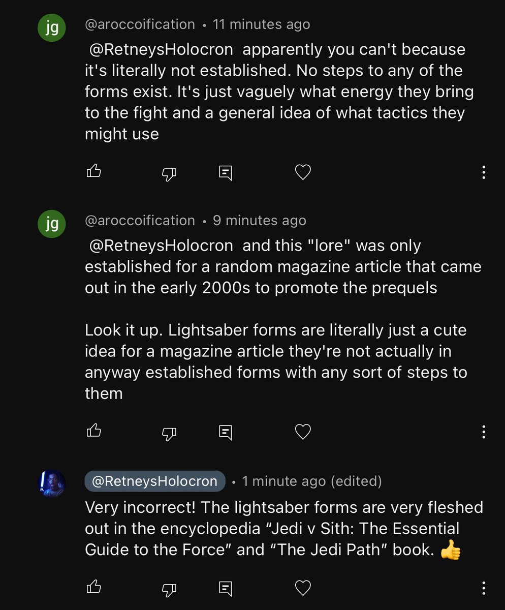 I don’t know why some dudes get so triggered about the lightsaber forms. Also, this dude is very wrong. 
He’s referencing the “Fightsaber” article from SW Insider, but the saber forms are mentioned in several books.