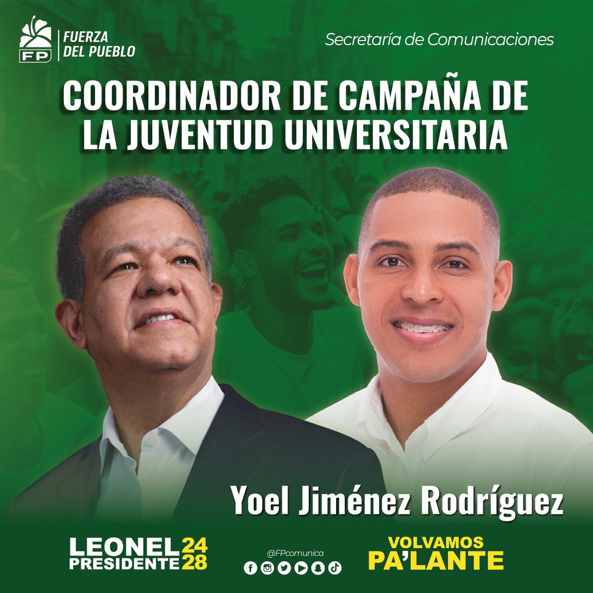 #FPComunica |

<a href="/Yoeljimenezrod/">Yoel Jimenez</a> ha sido designado Coordinador de Campaña de la Juventud Universitaria de la #FuerzaDelPueblo.

#VolvamosPaLante || #Vota3