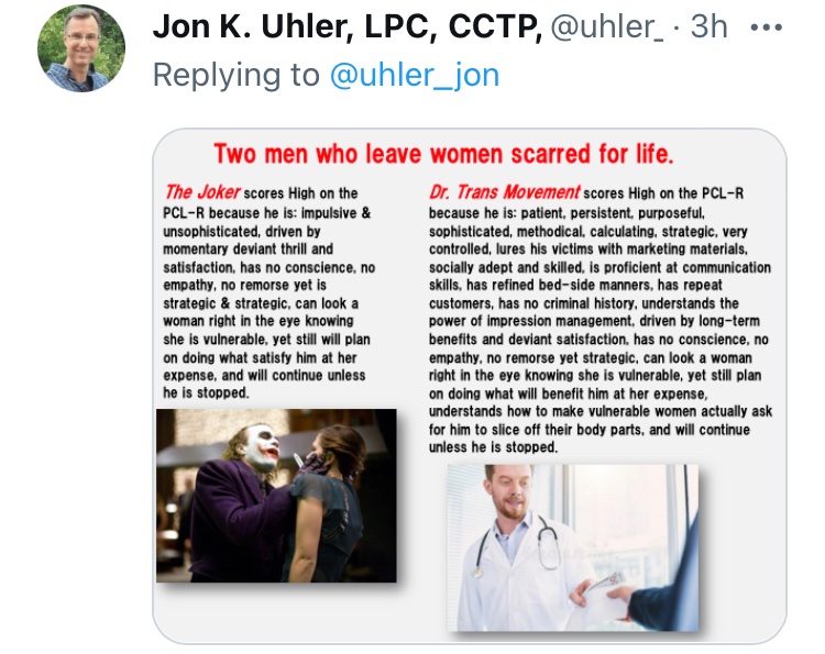 Yooler performs a PCL-R assessment of “The Joker” and “Dr. Trans Movement”. I wonder what Robert Hare would make of this. There’s a very good reason that Yooler received only a “Document of Attendance” to a 2-Day workshop, not any kind of certification (as he falsely claims).