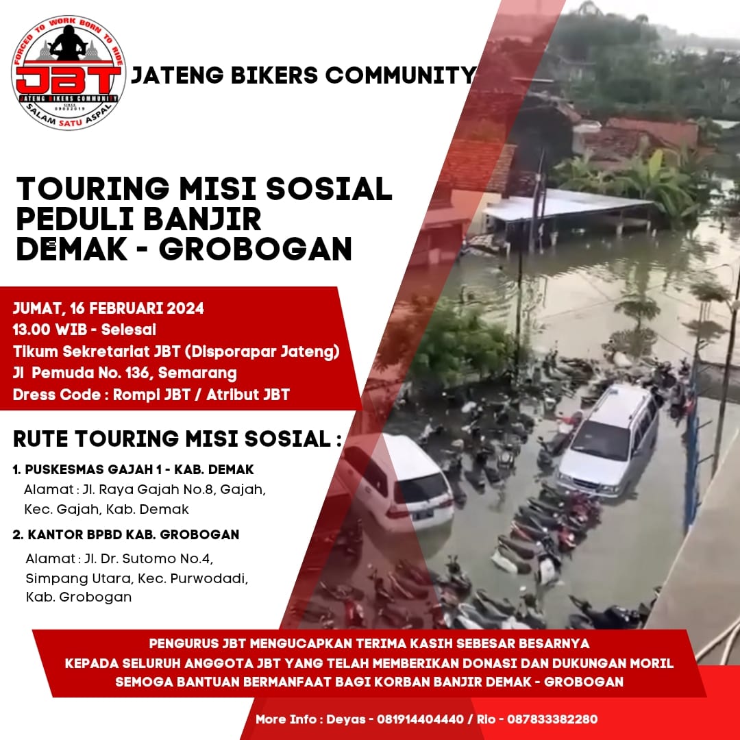 Kami peduli dan partisipasi Aksi Sosial Peduli Banjir Demak-Grobogan, Jumat 16 Februari 2024. Tikum di Sekretariat JBT Jam 13.00