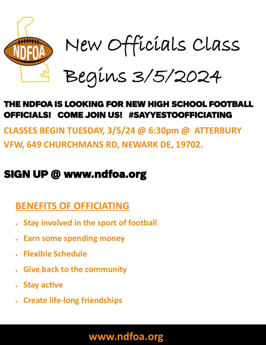 🚨‼️2024 New Officials Class begins Tuesday 3/5/24. Sign up at NDFOA.org. ‼️🚨
