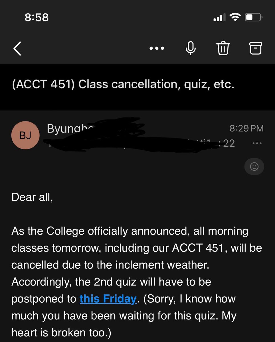 _okaumi's tweet photo. my accounting prof’s email abt class being cancelled 💀 https://t.co/wjf1ecvRLq