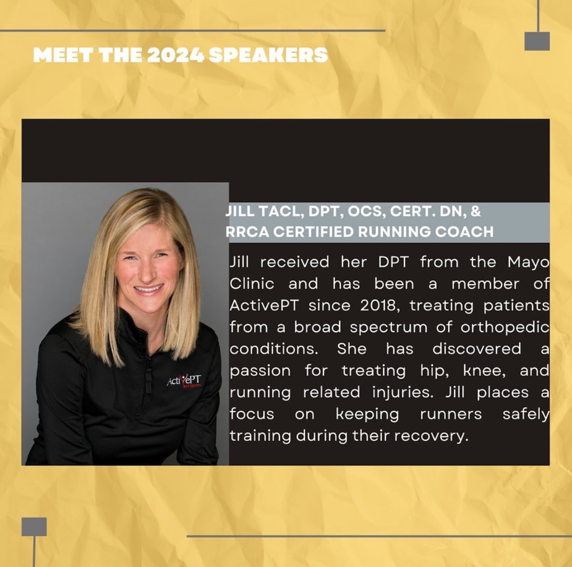 UofIowaRS's tweet photo. Meet one of our 2024 speakers! Introducing Jill Tacl, DPT, OCS, Cert. DN, &amp; RRCA Running Coach! ✨ https://t.co/41Ibb38R7r