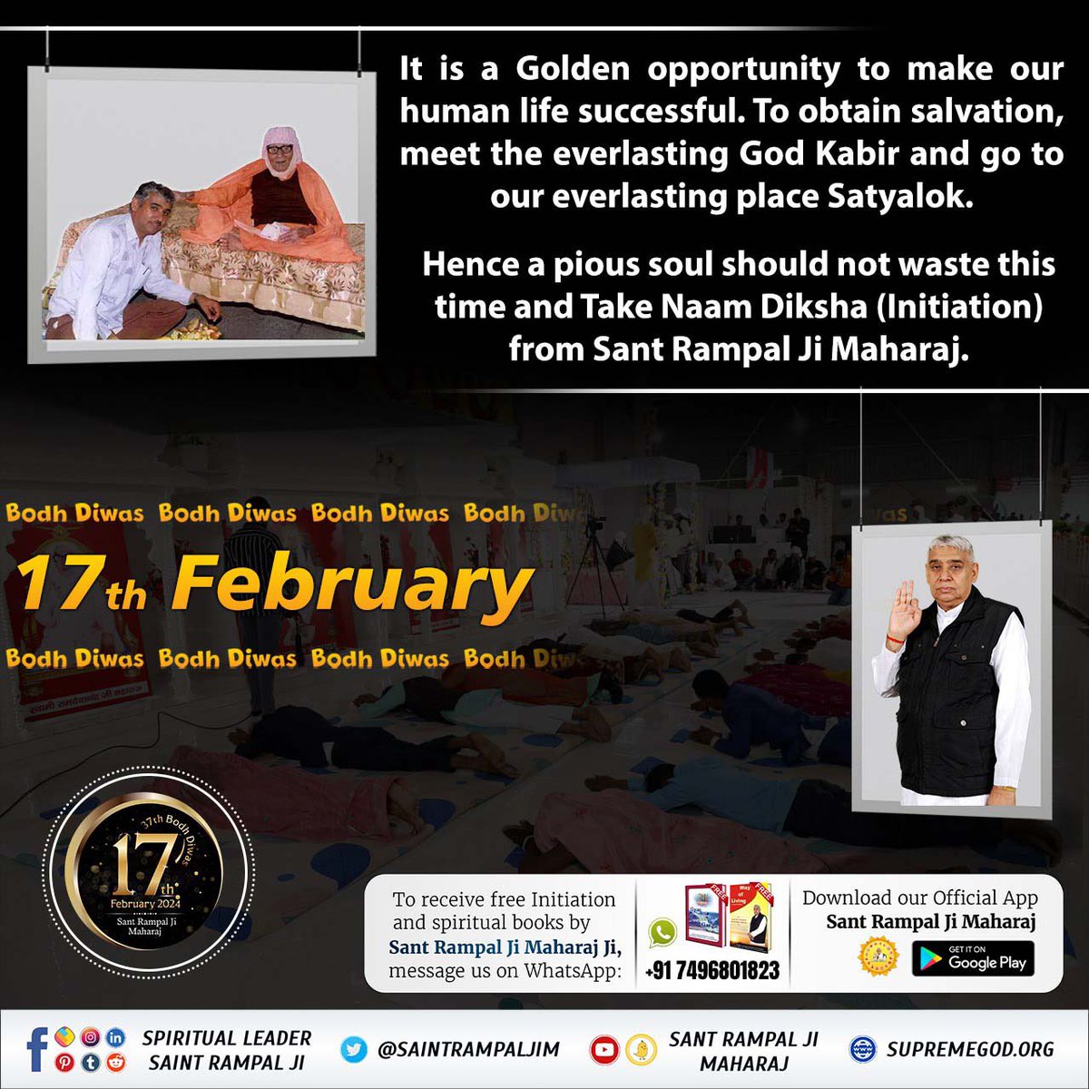 satkabir_'s tweet photo. #17Feb_SantRampalJi_BodhDiwas
One of the most important day for the whole humans is the Bodh Diwas of Sant Rampal Ji Maharaj as it paved the way for the salvation of uncountable persons who are taking Naam Deeksha from Him.
4Days Left For Bodh Diwas https://t.co/U8Pmabi0db