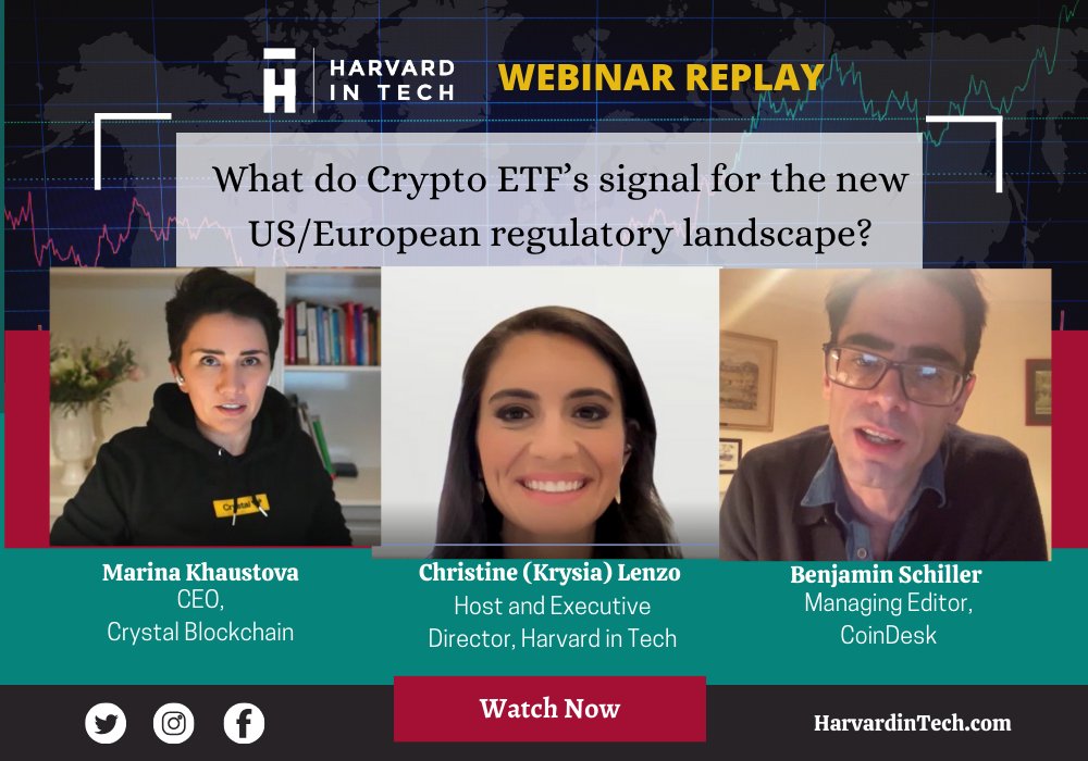 Webinar Replay- Crypto ETF's and the Regulatory Landscape

Marina Khaustova, CEO of Crystal Blockchain, Ben Schiller, Managing Editor at CoinDesk, and Christine (Krysia) Lenzo
If you missed the live webinar, watch the replay here:
lnkd.in/eVUPaVys

 #HarvardinTech