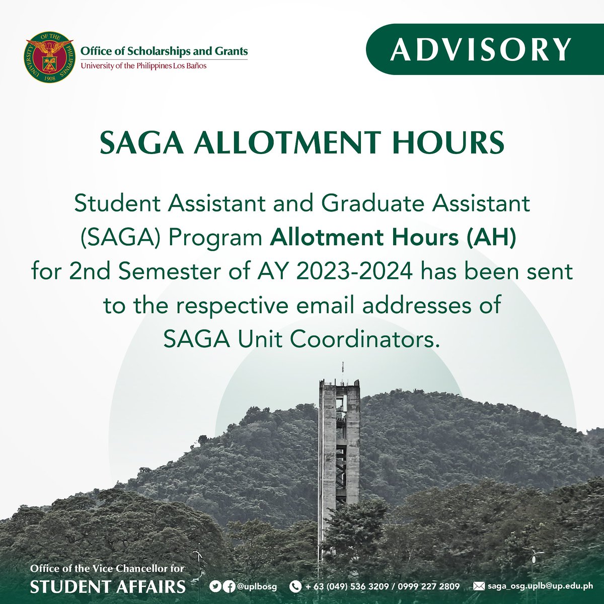 uplbosg's tweet photo. 𝐓𝐎 𝐀𝐋𝐋 𝐒𝐀𝐆𝐀 𝐔𝐍𝐈𝐓 𝐂𝐎𝐎𝐑𝐃𝐈𝐍𝐀𝐓𝐎𝐑𝐒

The Student Assistant and Graduate Assistant (SAGA) Program 𝗔𝗹𝗹𝗼𝘁𝗺𝗲𝗻𝘁 𝗛𝗼𝘂𝗿𝘀 (𝗔𝗛) for the 2nd Semester AY 2023-2024 has been sent to your respective email addresses. https://t.co/75pY9mLeNk