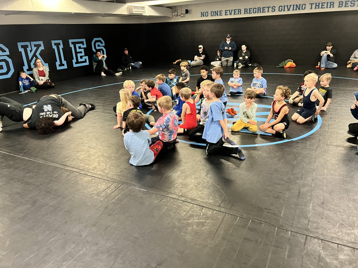 One of our teams favorite traditions! Our Sectional qualifiers coach Jonah, Taylor, and Noah helped run our Husky Youth Wrestling practice tonight! Selfless service is a North wrestling core value and everyone learned a lot on the mat tonight!