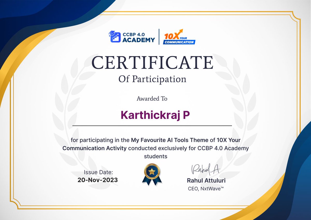 karthickraj29's tweet image. Participating in the My Favourite AI 🤖 Tools theme of the 10X Your Communication Activity exclusively for CCBP 4.0 Academy. #AI #10XYourCommunication #CCBP4.0Academy @nxtwave_tech #ccbpian