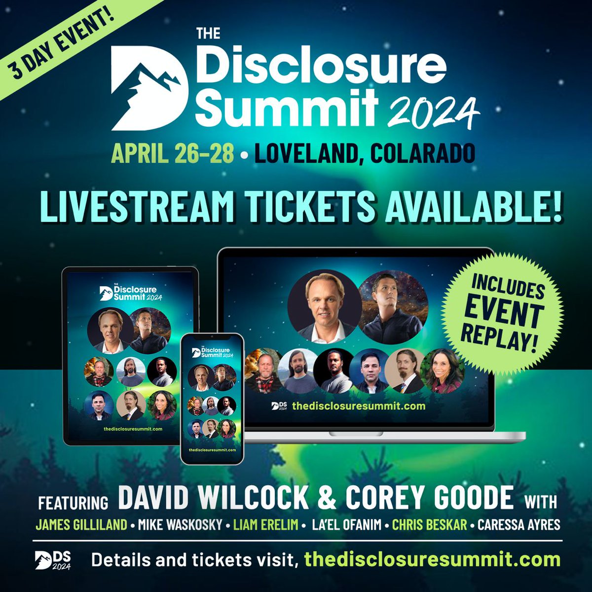 CoreyGoode's tweet photo. Join remotely and enjoy the 3 day event - April 26–28, Loveland, Colorado, without the need to travel!
Join: David Wilcock, Corey Goode, James Gilliland, Mike Waskosky, Liam Erelim, La’El Ofanim, Chris Beskar, Caressa Ayres
Tickets are on sale now!
https://t.co/c0I1hrpe9z https://t.co/f1yG9PPR4k