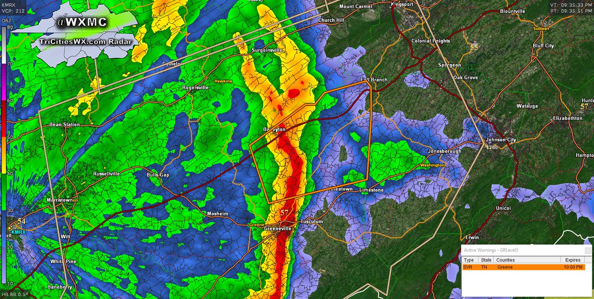 wxmc's tweet photo. A Severe Thunderstorm Warning is up for Greene County from Baileyton to Fall Branch to Limestone. Could see 60 mph winds as this line of storms moves through. Warning ends at 10 PM. Of interest to Washington and Sullivan Counties soon. #TriCitiesWx #tnwx https://t.co/X3hRMEN0YS