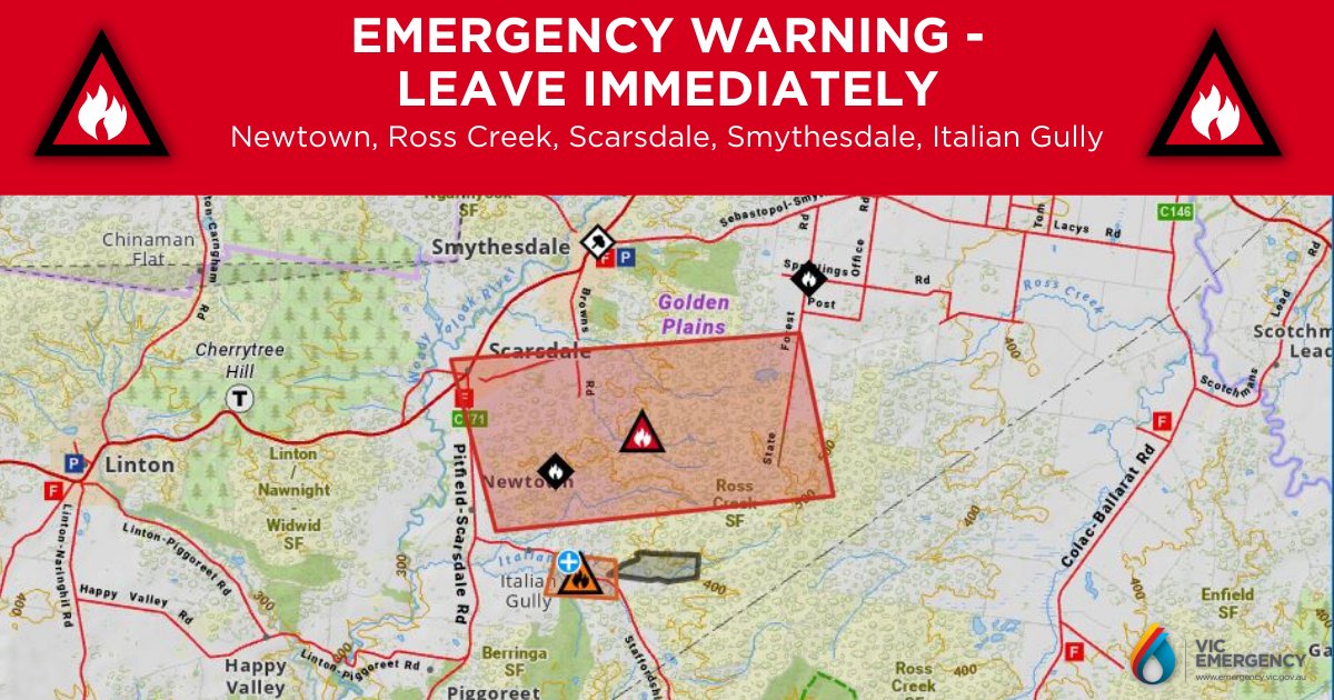 EMERGENCY WARNING - BUSHFIRE - Leave Immediately
This Emergency Warning is being issued for Newtown, Ross Creek, Scarsdale, Smythesdale, Italian Gully. 
More details at emergency.vic.gov.au/respond/...