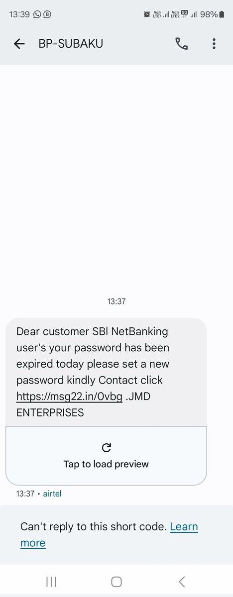 यह message आज मुझे प्राप्त हुआ है।

सभी को बताएं , इस तरह के message पर ध्यान ना दें।

किसी भी तरह के लिंक पर क्लिक ना करें , अन्यथा धन की हानी हो सकती है।

<a href="/Cyberdost/">CyberDost I4C</a> <a href="/CyberGyanDEH/">CyberGyan_साइबर_ज्ञान</a> <a href="/StaySafeOnline/">National Cybersecurity Alliance</a> <a href="/dcpouter/">DCP OUTER DELHI</a> <a href="/dtptraffic/">Delhi Traffic Police</a> 
#FarmersProtest2024 #CyberSecurityAwareness