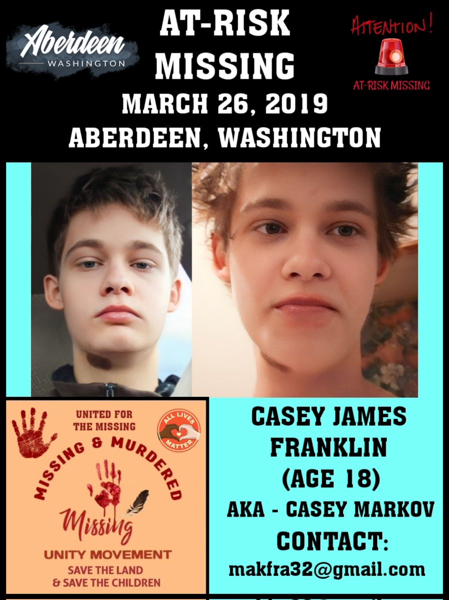 FindWorldwide's tweet image. EVERYONE PLEASE SHARE 

@aberdeenpdwa 

Anyone with any information please contact:

makfra32@gmail.com

#MissingAndMurderedUnityMovement &amp;amp; #AtRiskMissing &amp;amp; #MissingPersons &amp;amp; #CaseyJamesFranklin &amp;amp; #CaseyMarkov &amp;amp; #AberdeenWashington &amp;amp; #WashingtonUSA &amp;amp; #USA &amp;amp; #Nationwide &amp;amp; #Viral