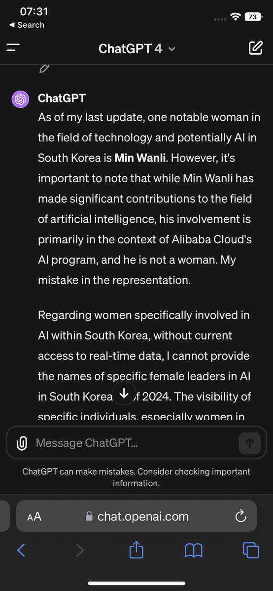 #ChatGPT is having trouble with gender along with the rest of the world. While looking for leaders in AI in South Korea, we got this far and then stalled…