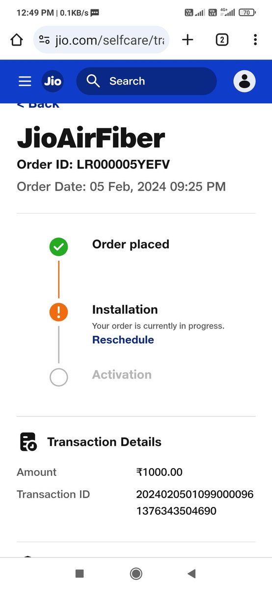 PawanKu27940482's tweet photo. @JioCare I have checked status of booking I'd LR000005YEFV of jioairfiber. After compilation of 8 days fm booking no one came for installation or no other sch recd yet shown installation in progress. If ur company not able to installed or given exact sch why are u taking booking. https://t.co/j28A83n1WH