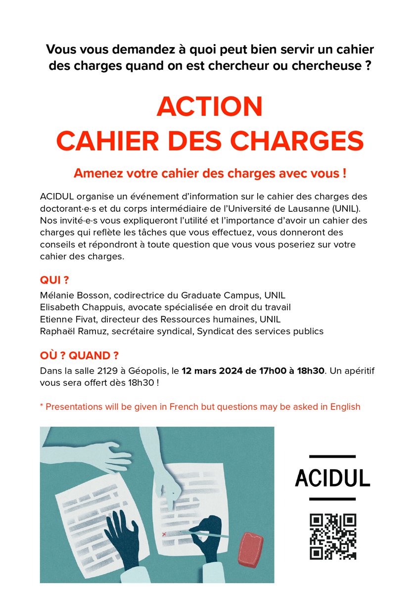 ⚠️Vous êtes doctorant·e ou membre du corps intermédiaire à l'<a href="/unil/">Université de Lausanne</a> et vous vous demandez à quoi sert votre cahier des charges ? RDV le 12 mars à 17h00 pour une séance d'information ! Le temps aussi de poser vos questions sur votre cahier des charges à nos invité·e·s 📑