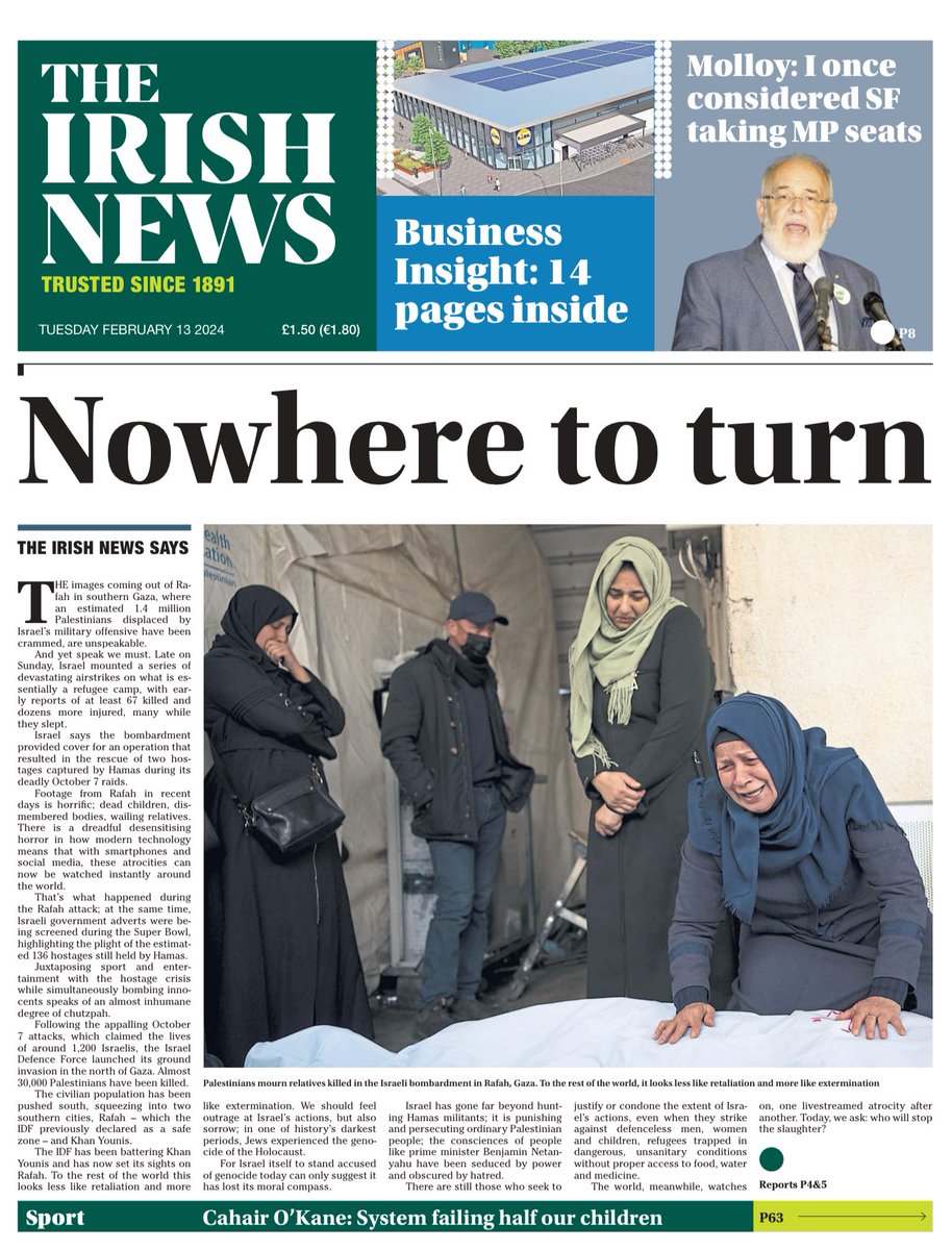 cdsherrard's tweet photo. Day after day, the images coming out of Gaza must repulse all fair-minded people. Today’s @irish_news says Israel has gone far beyond hunting Hamas militants; it is punishing and persecuting ordinary Palestinian people. Enough is enough. The slaughter of the innocents must stop. https://t.co/MDtYMRFqb1
