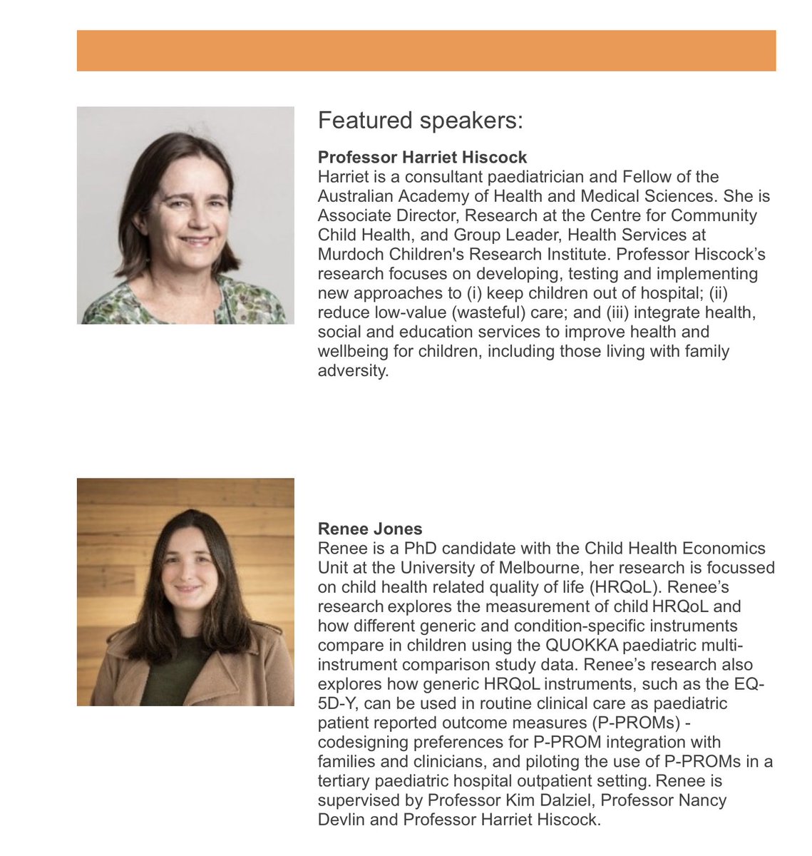 QUOKKA Research Program (@quokka_research) on Twitter photo Want to know how to use pediatric PROMs in *routine clinical care*? <a href="/HarrietHiscock/">Harriet Hiscock</a> & <a href="/ReneeJones4567/">Renee Jones</a> will be talking at this @ChildHealthAU event, presenting evidence from QUOKKA & Renee's PhD
<a href="/kmdalziel/">Kim Dalziel</a> <a href="/nancydevlin1/">nance devlin</a>
All are welcome - register here: ➡️tinyurl.com/2p97zuah Want to know how to use pediatric PROMs in *routine clinical care*? <a href="/HarrietHiscock/">Harriet Hiscock</a> & <a href="/ReneeJones4567/">Renee Jones</a> will be talking at this @ChildHealthAU event, presenting evidence from QUOKKA & Renee's PhD
<a href="/kmdalziel/">Kim Dalziel</a> <a href="/nancydevlin1/">nance devlin</a>
All are welcome - register here: ➡️tinyurl.com/2p97zuah