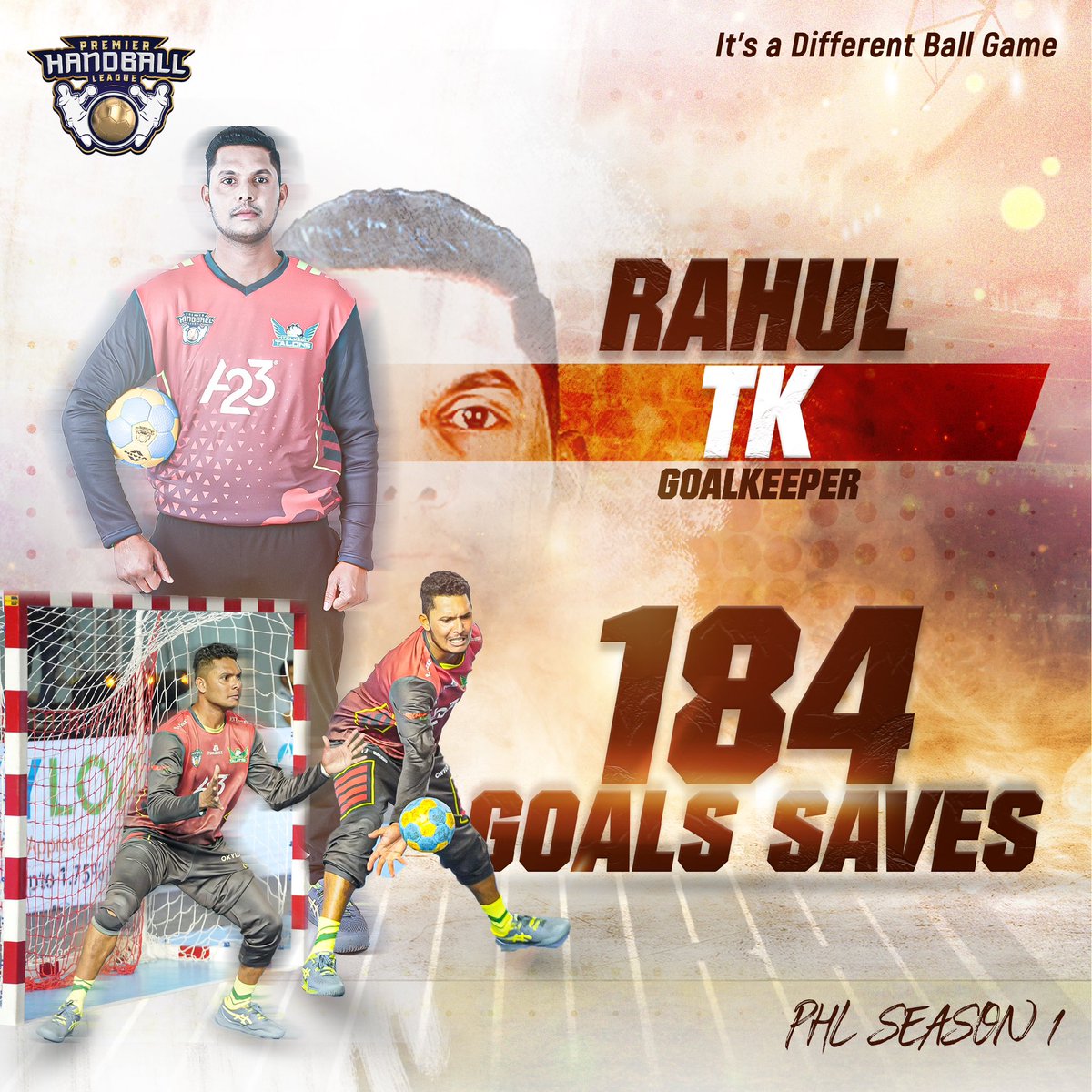 PHLIndia's tweet photo. In the spotlight today:  Rahul TK,  our sensational goalkeeper! 🌟 From making breathtaking saves to leading the Telugu Talons with his stellar performances, he's the true star of Season 1.
.

#PlayerSpotlight #handball #handballindia #premierhandballleague #itsadifferentballgame https://t.co/AzG8L6m8ju