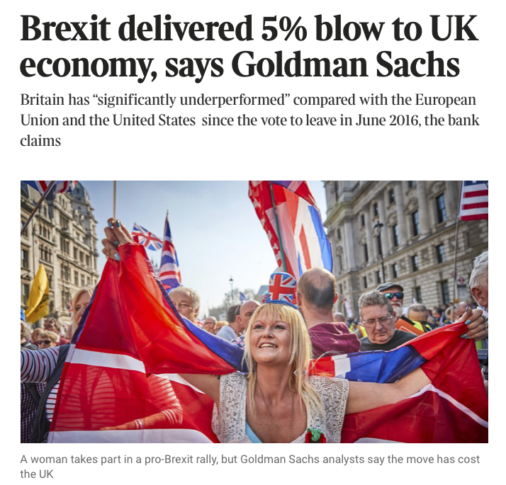 'Britain has significantly underperformed compared with the EU and US since the vote to leave in June 2016, with a sharp hit to its goods trade, weaker business investment, and its economy 5% smaller than had it stayed in the EU' says a veritable bastion of leftie thinking👇🤡
