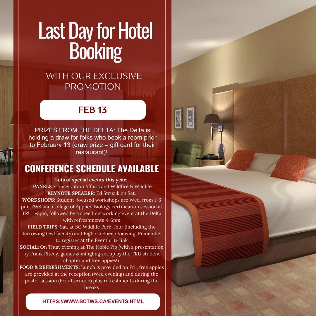 Last day for hotel group booking is Today (Feb 13). Conference schedule now available with Panels, Keynote Speaker, Workshops, Field Trips, Social and food and refreshments throughout.