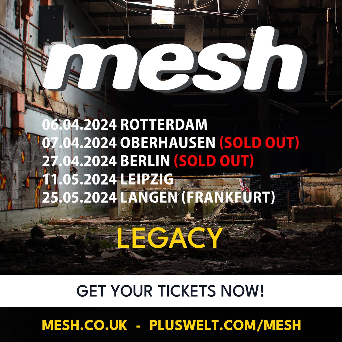 Don’t miss out, all remaining tickets are selling fast! 

#mesh #meshlive #leipzig #berlin #frankfurt #rotterdam #oberhausen