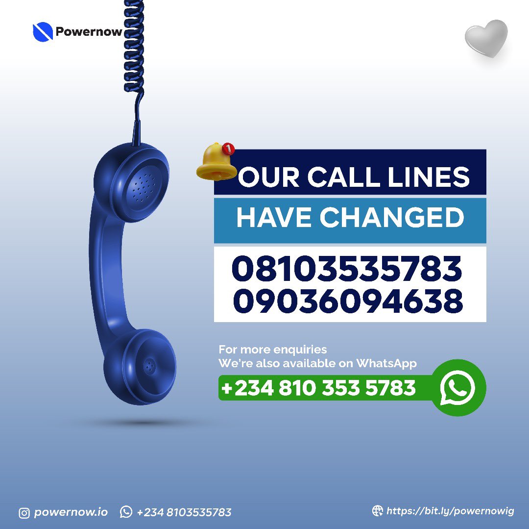Please be informed that our call lines have changed to the above numbers, effective today. Reach our dedicated team through 08103535783 and 09036094638. 

This change ensures efficient connection for all inquiries. 

#inverter #inverterpower #backuppower #homesolar #businesssolar