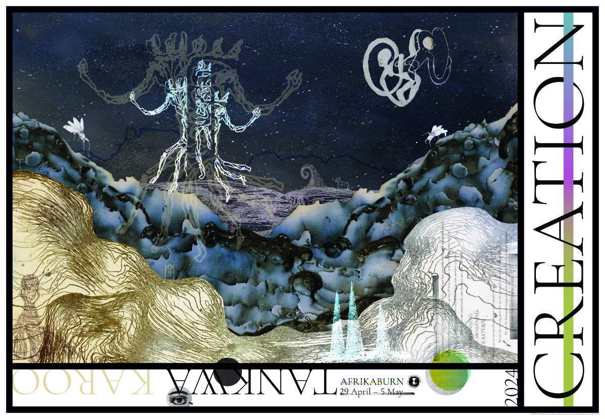 The 2024 AfrikaBurn poster for CREATION has just been released and features contributions from our recent artist residencies with artists Zama Mwandla and Ariel Tavener. You can read how the poster was made and download a printable version here: afrikaburn.org/art/creation-2…