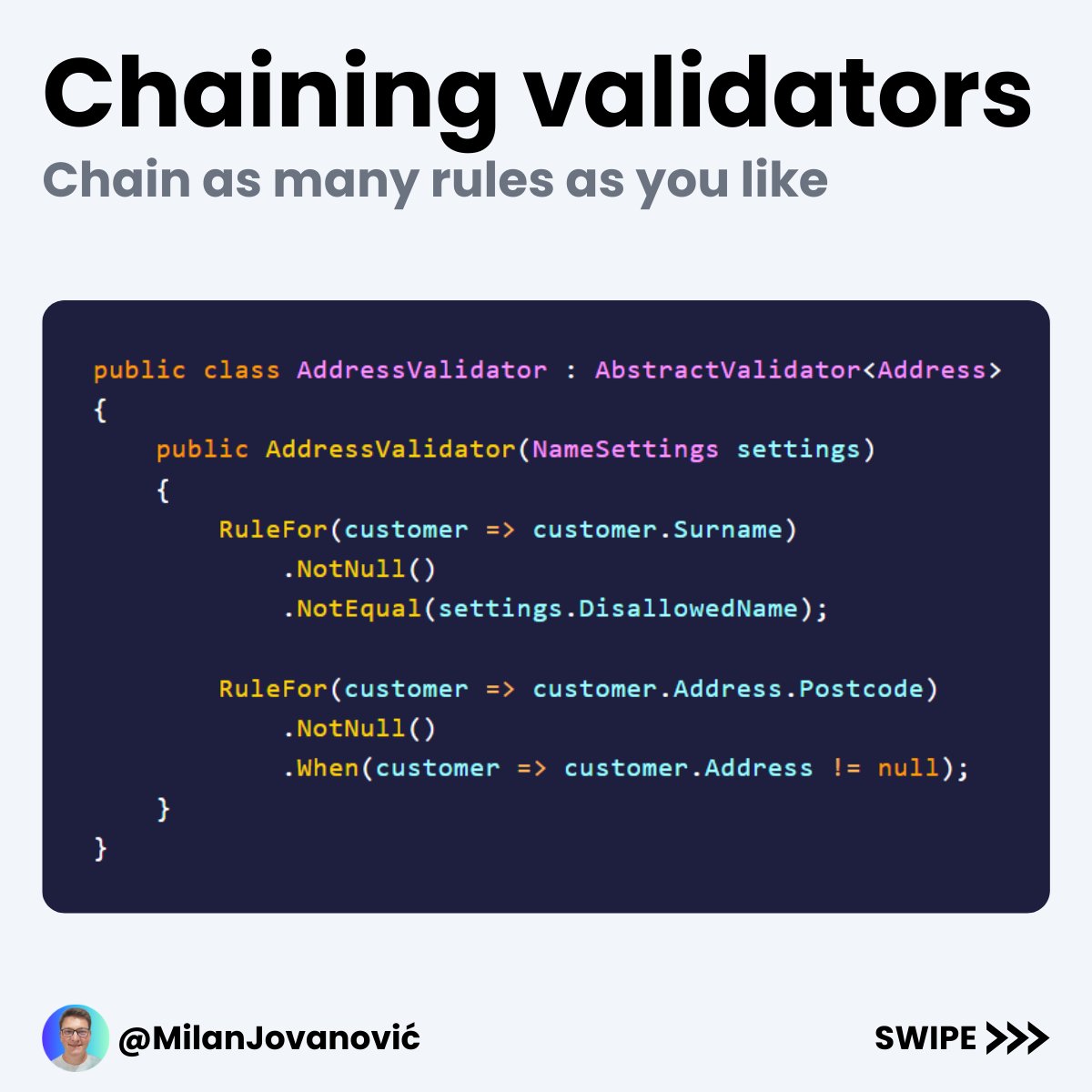 mjovanovictech's tweet photo. FluentValidation is one of the most powerful validation libraries in .NET.

In 2 minutes, I'll teach you how to start using it like a Pro.

FluentValidation uses a fluent interface and lambda expressions for building strongly typed validation rules.

You start by inheriting from the AbstractValidator<T> base class.

To specify a validation rule for a particular property, call the RuleFor method.

From there, you can write rules ensuring properties are:

- Not null
- Not empty
- Have a min/max length
- Are equal/not equal to some value
- Define your completely custom rules

It also supports complex properties and collections.

It's easy to write asynchronous validation rules using the MustAsync method.

What about dependency injection? It works out of the box.

To run the validation, you call the Validate method, which returns a ValidationResult.

The ValidationResult tells you if the validation passed and if there are any errors.

Likewise, you will call the ValidateAsync method if you have async validation.

P.S. If you liked this, consider joining The .NET Weekly - my newsletter with 40,000+ engineers that teaches you how to improve at .NET and software architecture.

Subscribe here → https://t.co/lQs9X4ci61

Are you using FluentValidation in your projects?
