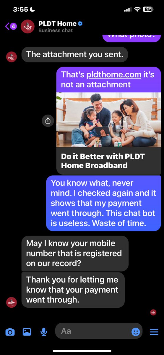 Babaylann's tweet photo. As always, @PLDTHome ‘CS’ chat is useless. All service providers should be audited esp on how inefficient their customer service is. Penalized companies who do not perform! @NTCPH @PLDT_Cares https://t.co/Sf9wpzYC90